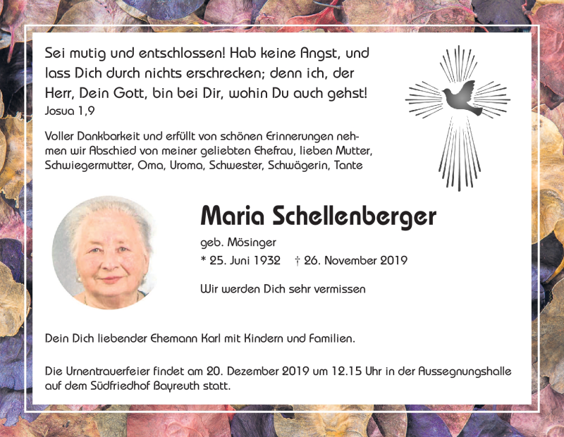  Traueranzeige für Maria Schellenberger vom 17.12.2019 aus Nordbayerischer Kurier