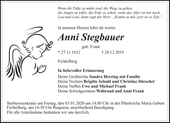 Anzeige von Anni Stegbauer von Nordbayerischer Kurier