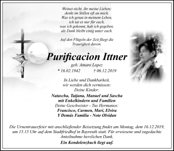 Anzeige von Purificacion Ittner von Nordbayerischer Kurier