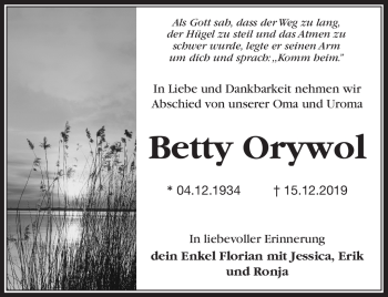 Anzeige von Betty Orywol von Nordbayerischer Kurier