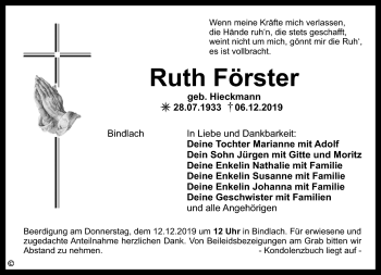 Anzeige von Ruth Förster von Nordbayerischer Kurier