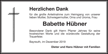 Anzeige von Babette Hübner von Nordbayerischer Kurier
