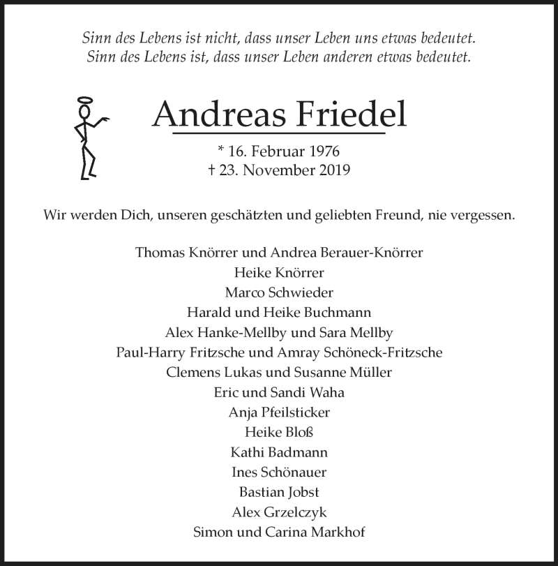  Traueranzeige für Andreas Friedel vom 05.12.2019 aus Nordbayerischer Kurier