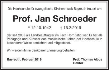 Anzeige von Jan Schroeder von Nordbayerischer Kurier