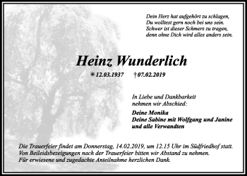 Anzeige von Heinz Wunderlich von Nordbayerischer Kurier