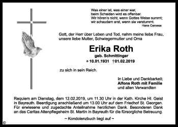 Anzeige von Erika Roth von Nordbayerischer Kurier