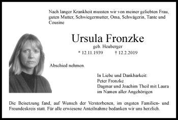 Anzeige von Ursula Fronzke von Nordbayerischer Kurier