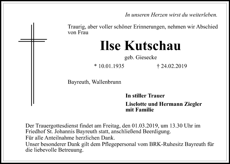  Traueranzeige für Ilse Kutschau vom 27.02.2019 aus Nordbayerischer Kurier