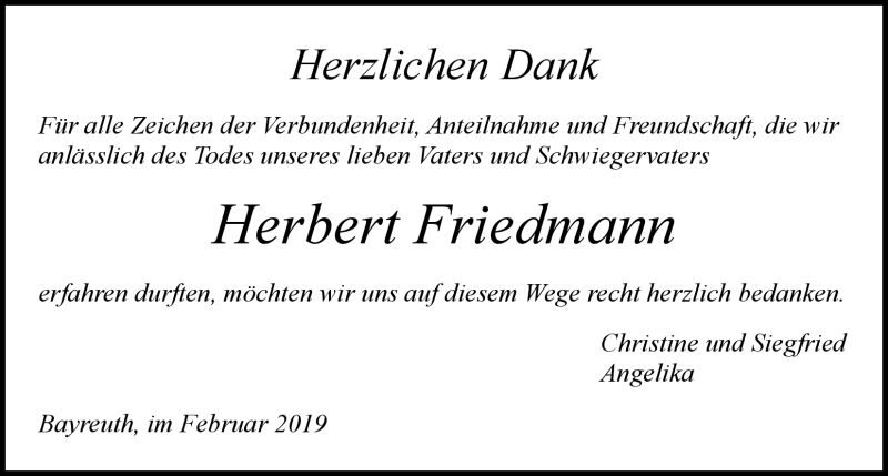  Traueranzeige für Herbert Friedmann vom 16.02.2019 aus Nordbayerischer Kurier