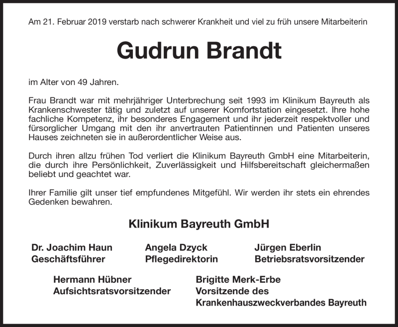  Traueranzeige für Gudrun Brandt vom 26.02.2019 aus Nordbayerischer Kurier