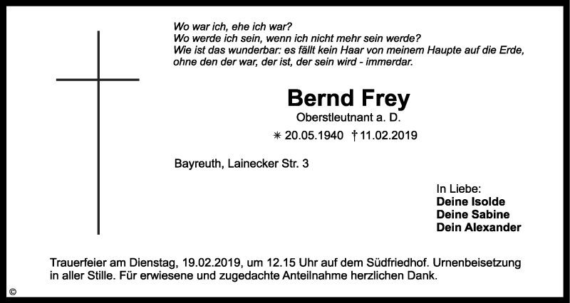  Traueranzeige für Bernd Frey vom 15.02.2019 aus Nordbayerischer Kurier