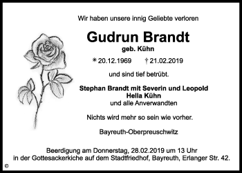 Anzeige von Gudrun Brandt von Nordbayerischer Kurier
