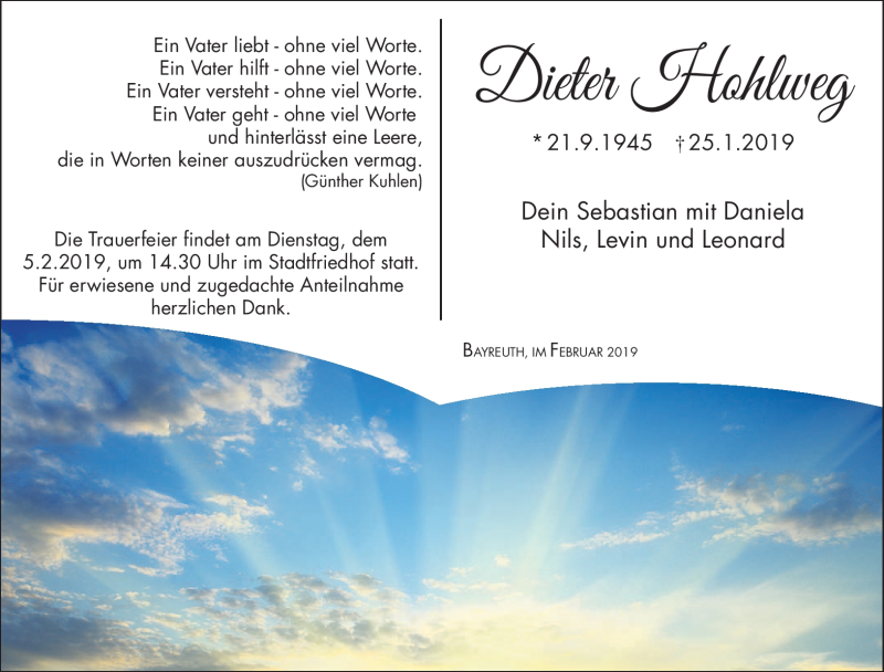  Traueranzeige für Dieter Hohlweg vom 02.02.2019 aus Nordbayerischer Kurier
