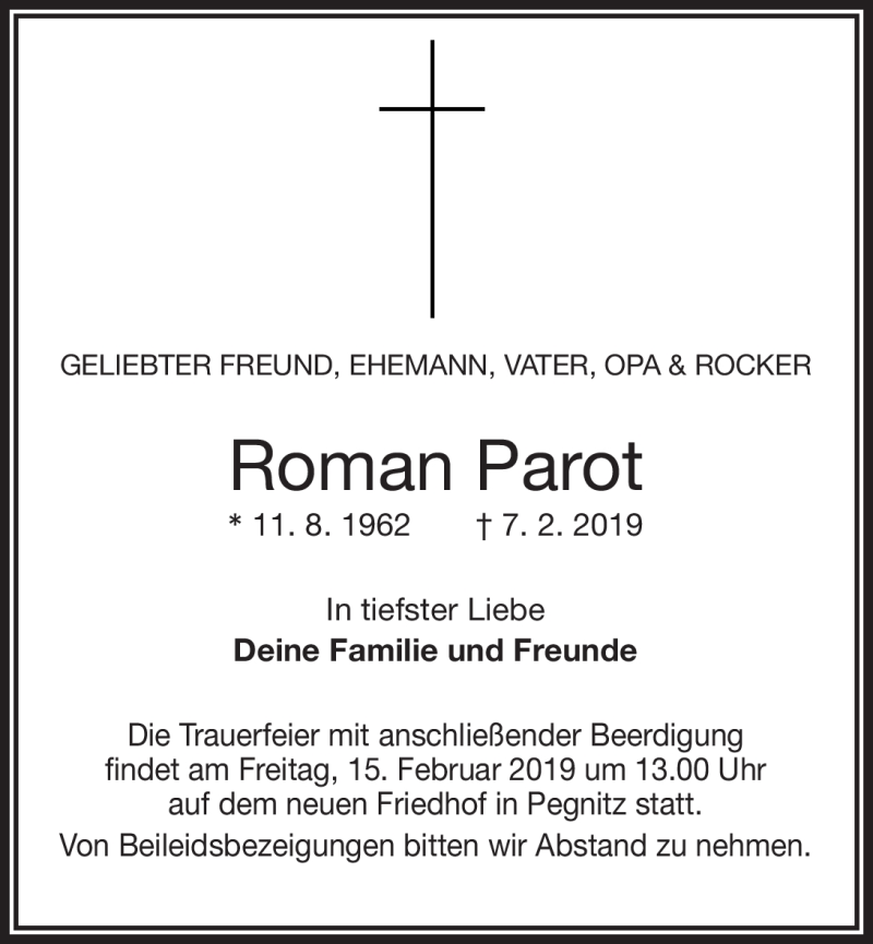  Traueranzeige für Roman PArot vom 13.02.2019 aus Nordbayerischer Kurier