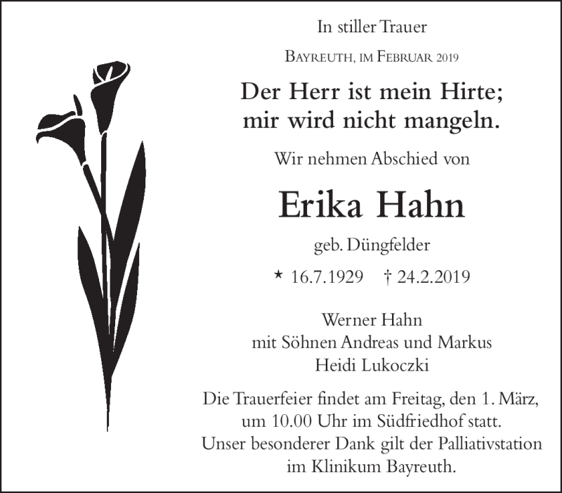  Traueranzeige für Erika Hahn vom 27.02.2019 aus Nordbayerischer Kurier