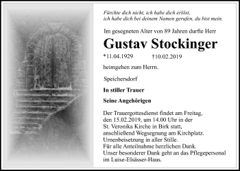 Anzeige von Gustav Stockinger von Nordbayerischer Kurier