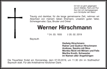 Anzeige von Werner Hirschmann von Nordbayerischer Kurier