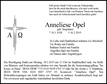 Anzeige von Anneliese Opel von Nordbayerischer Kurier