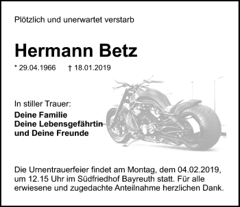 Anzeige von Hermann Betz von Nordbayerischer Kurier