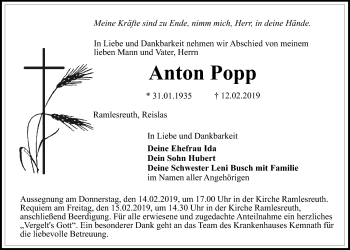 Anzeige von Anton Popp von Nordbayerischer Kurier