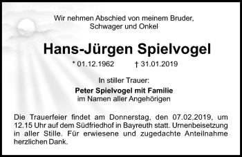 Anzeige von Hans-Jürgen Spielvogel von Nordbayerischer Kurier