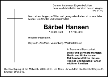 Anzeige von Bärbel Hansen von Nordbayerischer Kurier