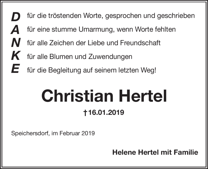  Traueranzeige für Christian Hertel vom 16.02.2019 aus Nordbayerischer Kurier