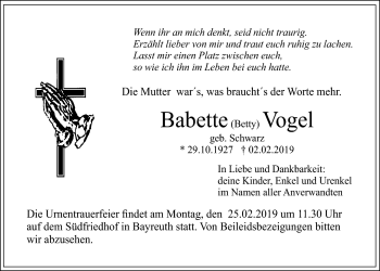 Anzeige von Babette Vogel von Nordbayerischer Kurier