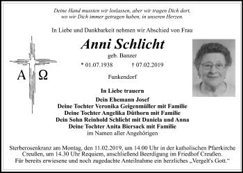 Anzeige von Anni Schlicht von Nordbayerischer Kurier