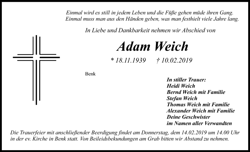  Traueranzeige für Adam Weich vom 13.02.2019 aus Nordbayerischer Kurier