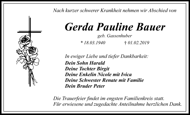  Traueranzeige für Gerda Pauline Bauer vom 09.02.2019 aus Nordbayerischer Kurier
