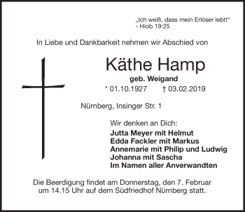 Anzeige von Käthe Hamp von Nordbayerischer Kurier