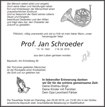 Anzeige von Prof. Jan Schroeder von Nordbayerischer Kurier