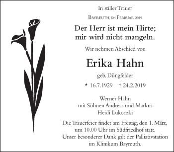 Anzeige von Erika Hahn von Nordbayerischer Kurier