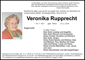 Anzeige von Veronika Rupprecht von Nordbayerischer Kurier