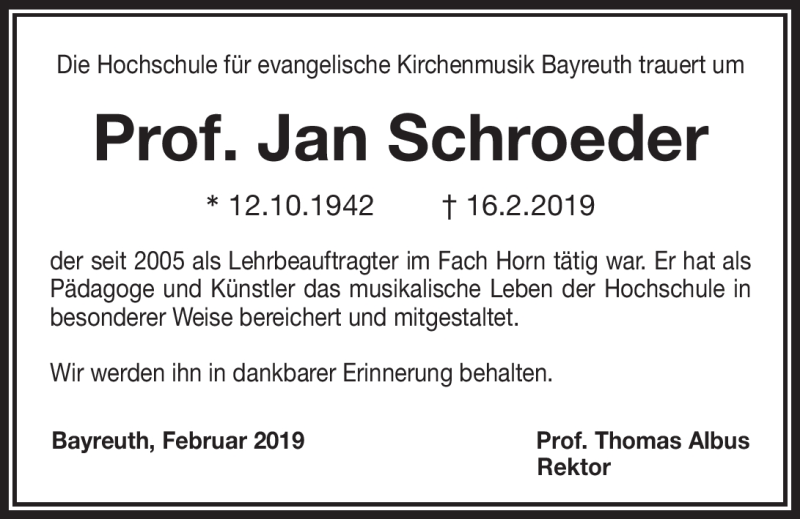  Traueranzeige für Jan Schroeder vom 22.02.2019 aus Nordbayerischer Kurier