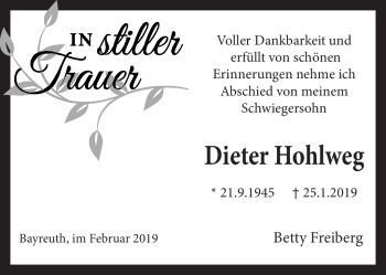Anzeige von Dieter Hohlweg von Nordbayerischer Kurier
