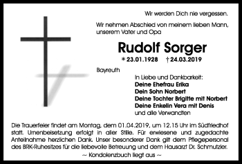 Anzeige von Rudolf Sorger von Nordbayerischer Kurier