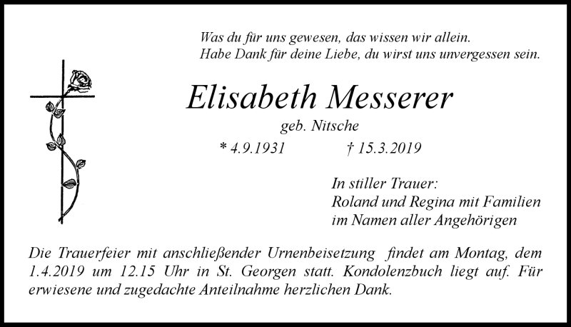  Traueranzeige für Elisabeth Messerer vom 23.03.2019 aus Nordbayerischer Kurier