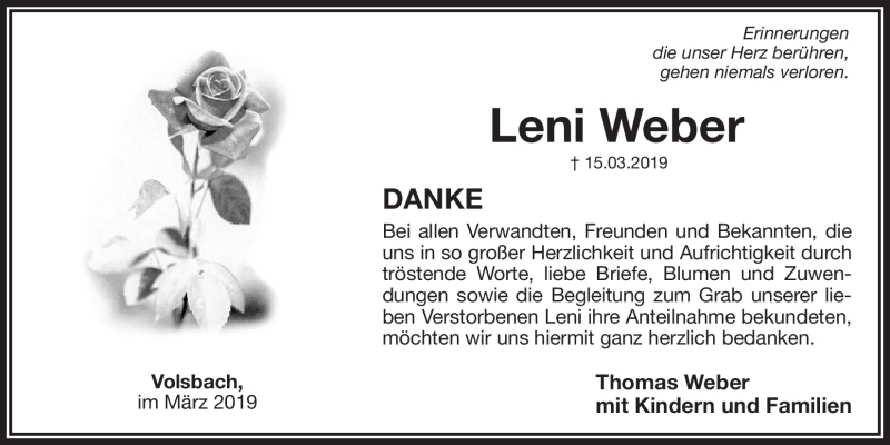  Traueranzeige für Leni Weber vom 30.03.2019 aus Nordbayerischer Kurier