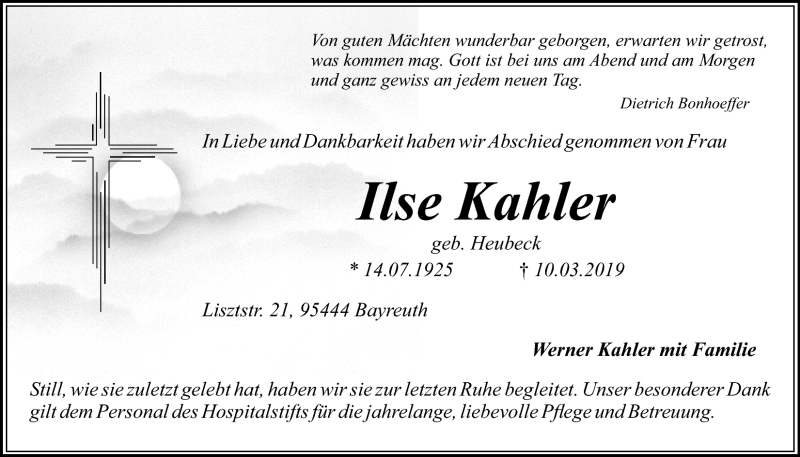  Traueranzeige für Ilse Kahler vom 16.03.2019 aus Nordbayerischer Kurier