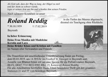 Anzeige von Roland Reddig von Nordbayerischer Kurier