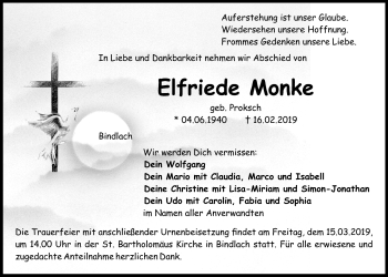 Anzeige von Elfriede Monke von Nordbayerischer Kurier