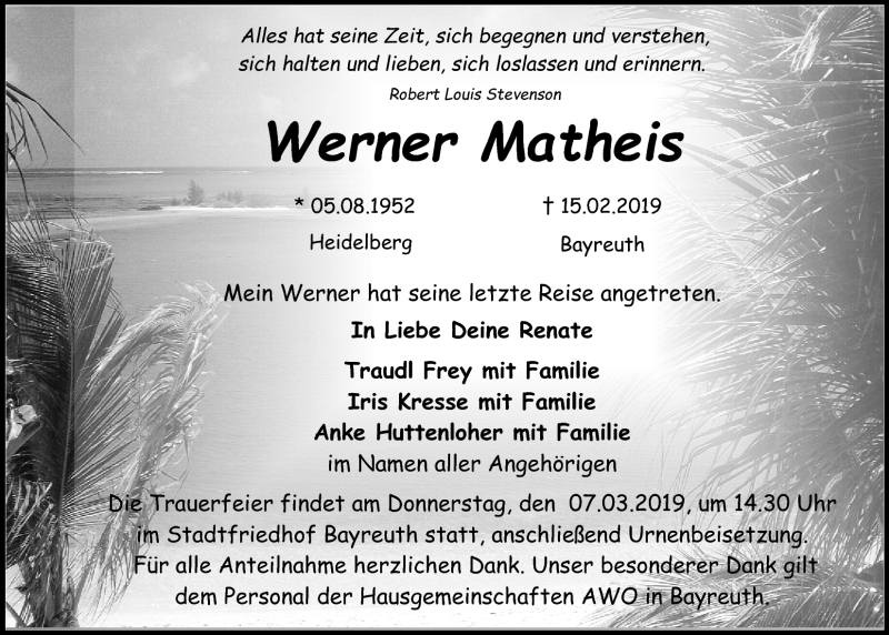 Traueranzeige für Werner Matheis vom 04.03.2019 aus Nordbayerischer Kurier
