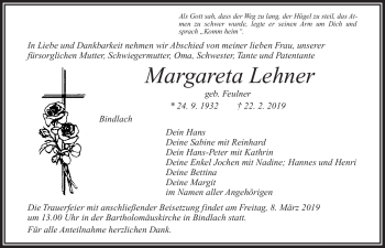 Anzeige von Margareta Lehner von Nordbayerischer Kurier