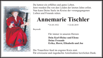 Anzeige von Annemarie Tischler von Nordbayerischer Kurier