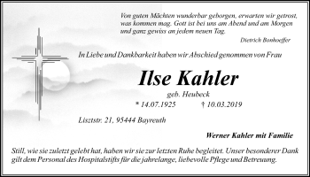 Anzeige von Ilse Kahler von Nordbayerischer Kurier