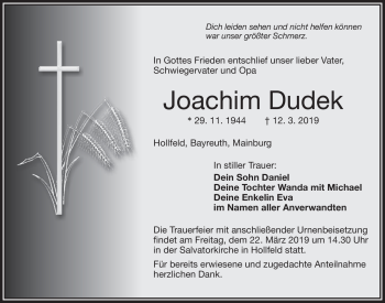 Anzeige von Joachim Dudek von Nordbayerischer Kurier