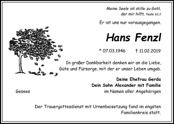 Anzeige von Hans Fenzl von Nordbayerischer Kurier