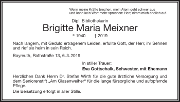 Anzeige von Brigitte Maria Meixner von Nordbayerischer Kurier